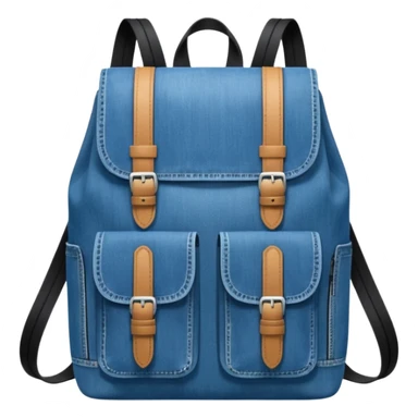 Minimalist emoji-style icon of a stylish blue denim backpack with a flap top, two vertical black buckle straps,and two zipper side pockets. Inspired by Tommy Jeans design. 

 sticker