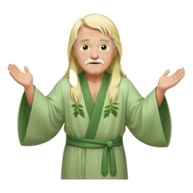 an old man, green eyes, long blonde hair, light green wide, flowing outer robe. opening arms, gazing thoughtfully. Soft light, subtle fern. Waist-up, profile. sticker
