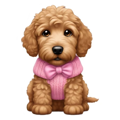 Little brown golden doodle puppy wearing a pink sweater and bunk bow in ears sticker