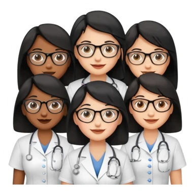 Genera un emogis con cuatro enfermeras pelinegra juntas, entre ellas una con lentes y otra con lunar encima del labio sticker
