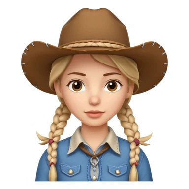 cute cowgirl portrait, head and shoulders only, cowboy hat, braided hair, western outfit collar, confident expression, 3D cartoon, mobile game icon style, clean background, no text, no watermark
 sticker