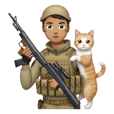 Man in tactical airsoft gear holding a gun in one hand and a white and brown cat in the other hand sticker