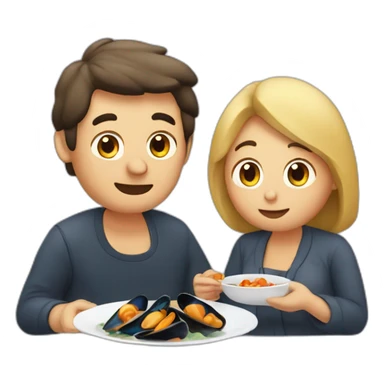 Couple eat mussels with pigeon sticker