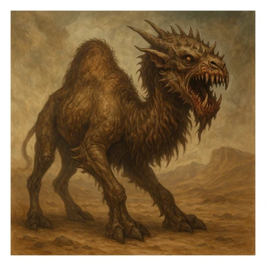 a camel monster, imaginative creature blending camel features with monstrous elements, detailed, fantasy art sticker