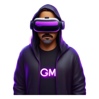 Big Lebowski wearing a black hoodie with "OMG" letters on it and VR headset oculus quest 2 in a cyberpunk VR environment with violet neon lighting. sticker