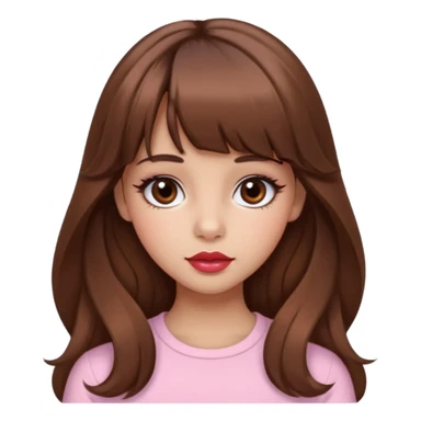 A girly girl with medium skin, soft pinkish cheeks, large bambi dark hazel eyes with long eyelashes, long wavy brown hair with full soft bangs, medium straight nose with a soft tip, medium natural red lips,very feminine and pretty features, sticker