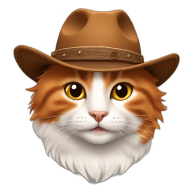 pure orange smiling hairy japanese bobtail cat while wearing a brown cowboy hat with the ears poking out of the hat sticker