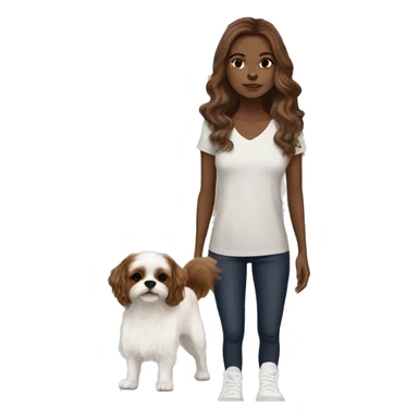 young woman with light bron skin, big brown eyes, tiny nose, long chocolate wavy hair. With a pair of sneakers on the background, add a house to the background, a shihtzu and a cihuahuadog sticker