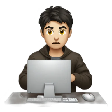 Angry dark haired russian boy with a computer sticker