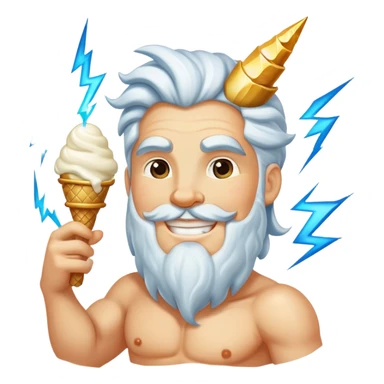 smiling Zeus with white ice cream and lightning bolt sticker