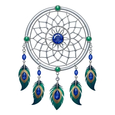 a Silver Dreamcatcher with sapphire-stones and emerald-stones, and with peacock-feathers. Big sapphire gem in the middle. Many tiny emerald gems around it.   sticker