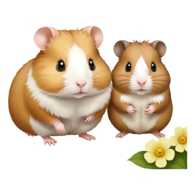 Icon for Hamster and Guinea Pig: A portrait-style collage with a fluffy hamster with soft fur, looking curious, and a friendly guinea pig with long, smooth fur, both on a soft green background with flowers and soft light. Transparent background. sticker