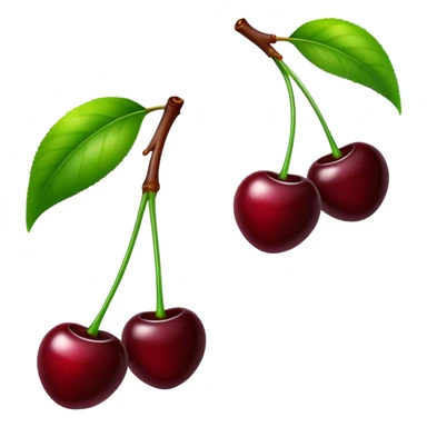 Pair of dark burgundy cherries with green stem, deep rich red color sticker