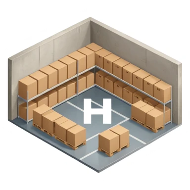warehouse layout with shelves and a path in the shape of the letter H, simple and clear sticker