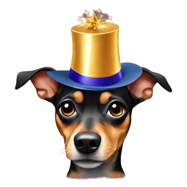 Minituare  Pinscher wearing new years hat sticker