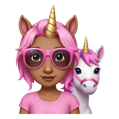 friendly anthropomorphised female unicorn with horse-like face, in tutu and pink t-shirt, wearing dark sunglasses, standard pose, close-crop head and shoulders portrait sticker