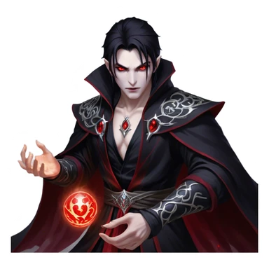 Cinematic Realistic WoW Vampire Mage Portrait, captured in a dynamic, battle-ready pose as he unleashes a torrent of arcane energy. His pallid skin and sleek dark hair contrast sharply with the flowing black robe adorned in silver filigree and glowing runes, while his crimson eyes radiate unyielding power. Rendered with intense, lifelike texture and dynamic, eerie lighting, high shine, embodying the fierce, relentless spirit of a dark sorcerer. sticker