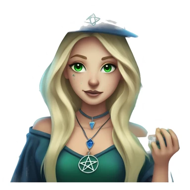blonde witch girl with green eyes and straight hair with a birthmark above her upper lip wearing a necklace in a form of pentacle with a small blue stone inside doing tarot spread  sticker