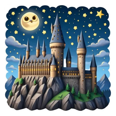 hogwarts castle on a starry night and owl flying in the air sticker