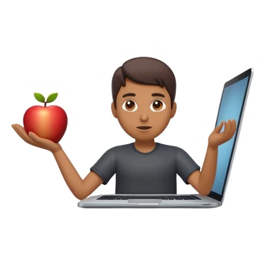 A dark-colored laptop with the screen open. From the screen, a person is emerging, standing or sitting as if giving a lecture or teaching. The person should look expressive and in a teaching pose. Soft shadows, semi-3D Apple emoji style, clean white background. sticker