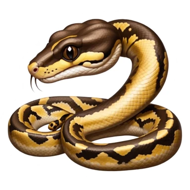 A photo-realistic digital illustration of a Ball Python, large headshot portrait. The snake has a short, rounded snout, smooth contours, and a calm, curious expression. Its head is warm brown with bold, irregular dark markings, including the signature “alien-head” pattern.  sticker