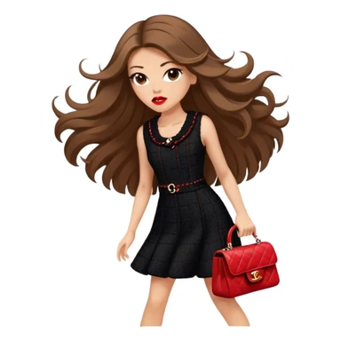 White girl with brown long hair dressed up in black chanel tweed dress with a red chanel bag and red lipstick. Close up shot with wind blowing her hair looking fancy sticker