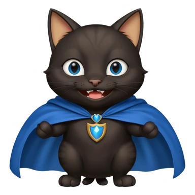 an all black anthropomorphic cat with blue eyes wears an all black cape and is smiling a mischievous sharp tooth grin sticker
