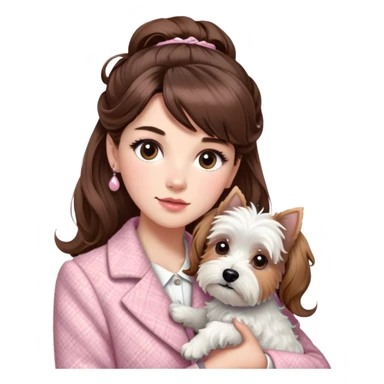 “A woman with fair skin, long brown hair styled in a half-updo with bangs, and large brown eyes framed by long, beautifully curled eyelashes. She has a mature appearance and is wearing a baby pink tweed jacket. She is holding a West Highland White Terrier in her arms.” sticker