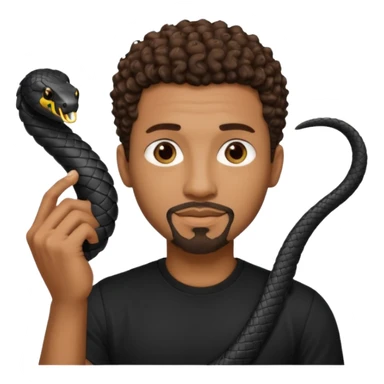 Homme noir, yeux marron avec un bouc menton, cheveux court et bouclé crépus avec un dégradé sur le côté, avec un cobra à côté , t-shirt noir  sticker