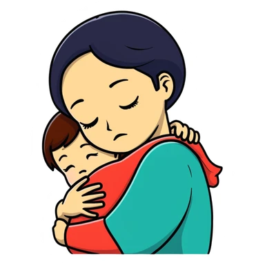 mother hugging sad child, cartoonish, bold outlines sticker