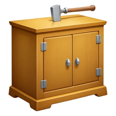 Compact emoji-style icon showing a small wooden cabinet with one door slightly open, a hammer resting beside it, and a plank of wood leaning in the background. Light brown wood tones, silver hammer head, yellow handle. Soft shadows, clean glossy look.  sticker