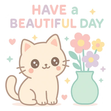 A delightful cat beside a vase of vibrant flowers, with the text "Have a Beautiful Day". The image should exude a sense of calm and beauty. sticker