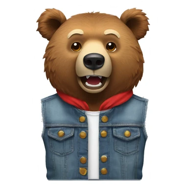 grizzly bear wearing sleeveless jean jacket and red headband with open mouth sticker