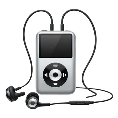 Futuristic iPod emoji with earphones, metallic black and white, smooth reflective surfaces, flat minimal vector design, clean UI style sticker