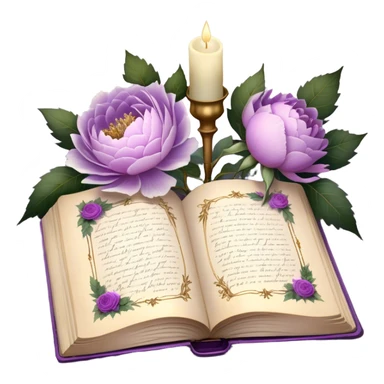 An antique botanical journal with golden-edged pages, filled with meticulously pressed lilac roses, ice violet peonies, and amethyst dahlias, lies open beneath the soft glow of candlelight, its delicate illustrations and handwritten notes whispering stories of forgotten gardens as a pearl butterfly gently perches on its weathered cover. sticker