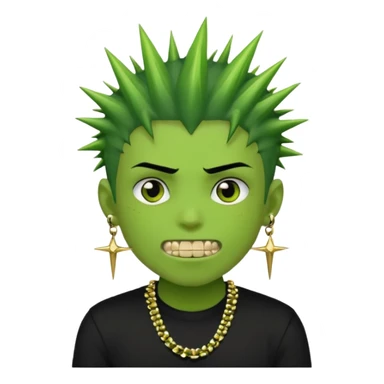 green zombie boy with spiky black emo hair and a black shirt with piercings and gold grilzz  sticker
