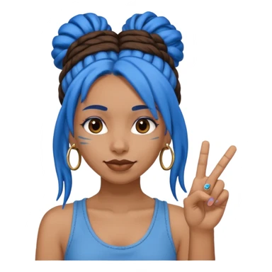 brown girl with blue dreads in a bun, giving peace sign with middle finger sticker