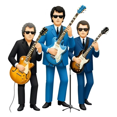 Icon for Blues Music: collage of legendary blues artists. Gary Moore, Eric Clapton, B.B. King and Joe Cocker. Represented by silhouettes or symbolic items like guitars, microphones, or music notes, reflecting the soulful energy of blues music. Transparent background. sticker