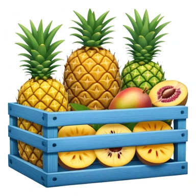pineapples, mango and passion fruit in a blue crate sticker