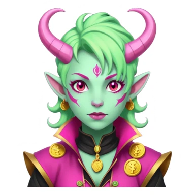 A D&D tiefling with pale green skin and hot pink hair. She is a rouge and is obsessed with gold sticker