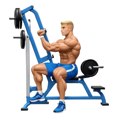 side-view bodybuilder in blue shorts seated weighted calf-raise machine lower leg exercise sticker