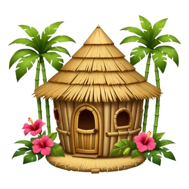 Hawaiian tiki hut house, round tropical hut, bamboo details, thatched roof, tiki masks decoration, hibiscus flowers, cute mobile game icon, 3D cartoon, clean background, no text sticker