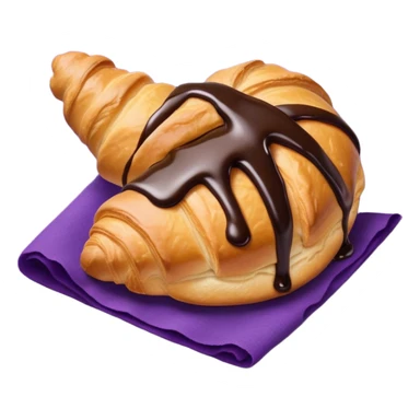 There's a croissant with chocolate syrup on a purple napkin sticker