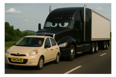 Remove the year 2026 from the black truck, add a visible person inside the car in front, keep the truck black and the rest of the scene the same. sticker