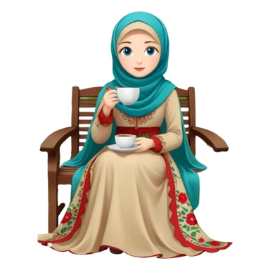 Turkish beautiful finish Konya girls blue eyes with Beautiful beige red green floral hijab long tail dress and this two friends sit in a lovely garden on the chair on the ground and holds cup coffe with her hand  sticker