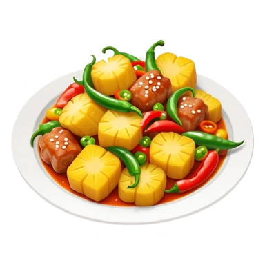 Sweet and Sour Pork with pineapple and bell peppers, simplified emoji style with bold outlines and bright colors, cartoon style Gu Lao Rou popular dish sticker