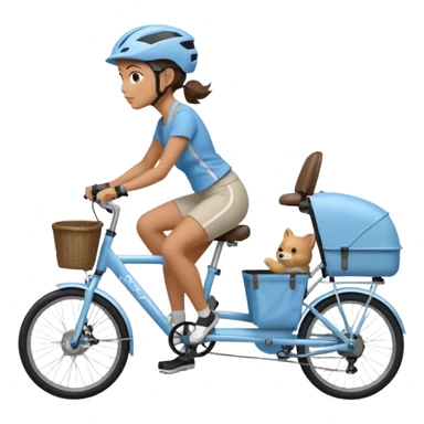 A women who rides a gray e bike with a light blue bike trailer for kids which is attached to the bicycle  sticker