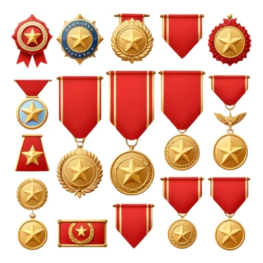 Icon for Collecting Orders, Medals & Badges: a variety of vintage orders, medals and badges, displayed neatly on a big red pennant. The icon should reflect the honor and historical significance of these collectible items. Transparent background. sticker