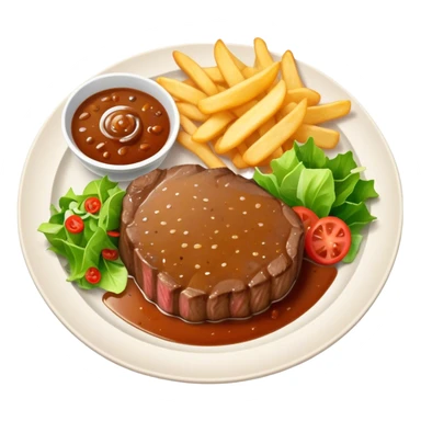 big juicy australian steak meal featuring chips, small salad in a ramikan and gravy in a small bowl on the plate sticker