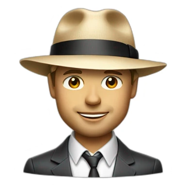 small businessman, wearing a Panama hat, Brad Pitt sticker